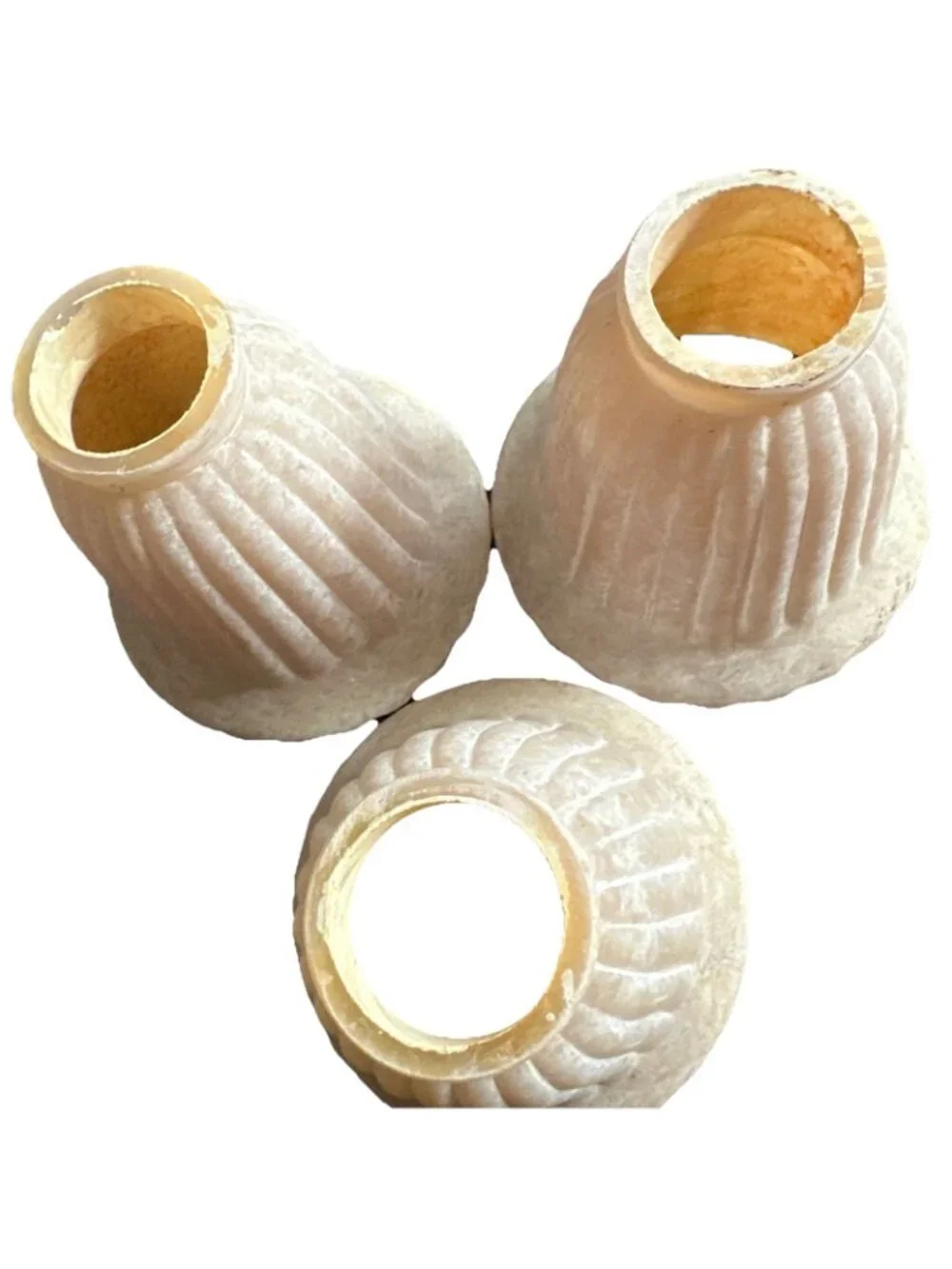 Vintage Fitted Glass Bell Shades Three Beige Marble Painted Ribbed Scalloped